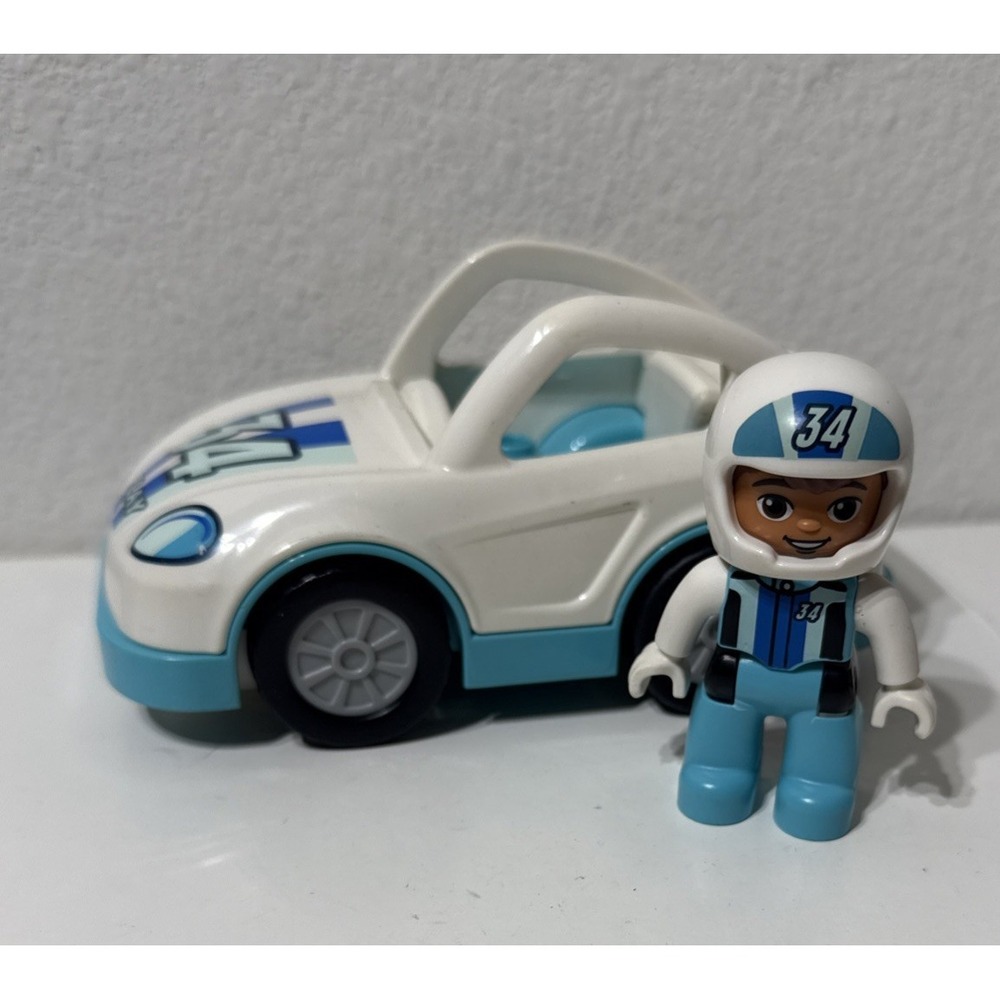 Lego Duplo Push Pull Go Racecar  W/Driver 2.5" Figure Helmet Rare‎ #34 Blue 2pcs